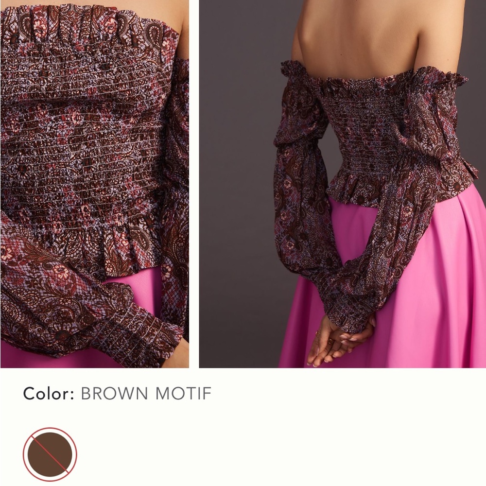 NWT Anthropologie Brown and Pink Off-Shoulder Top smocked stretch size large